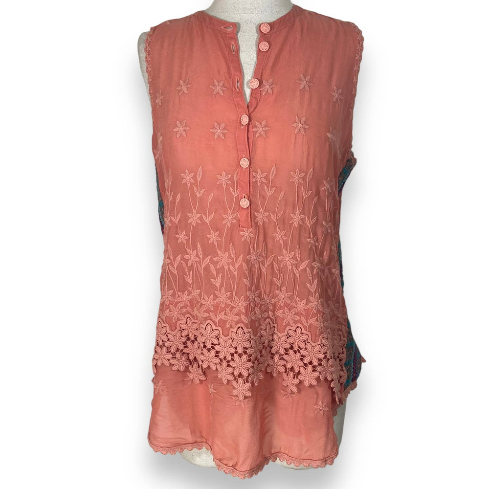 Johnny Was embroidered Malin tank, Ladies XS coral sleeveless floral boho top - Picture 3 of 14
